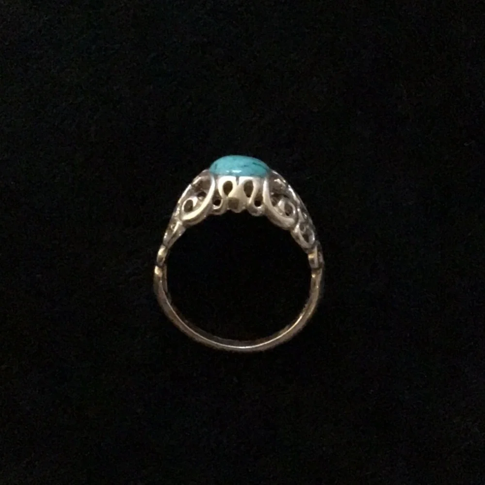 Genuine Turquoise & .925 Sterling Silver Scroll Ring Size 10 - Picture 4 of 8